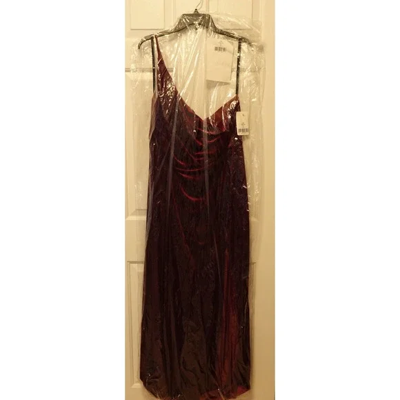 AFTER SIX 1556 SIZE 14 ONE-SHOULDER VELVET MAXI DRESS POCKETS CABERNET RED NEW - Picture 4 of 5